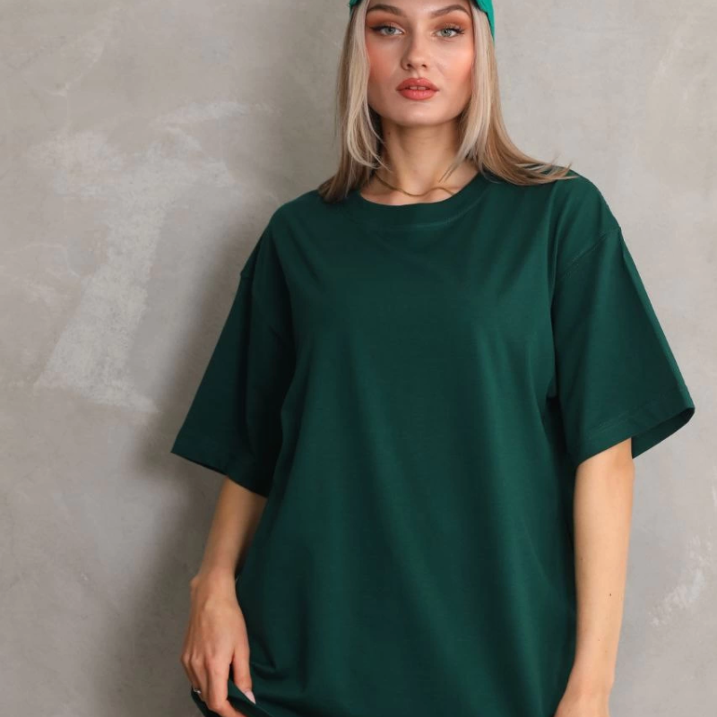 Kadın Düz  Kısa kol Penye T-shirt- Yeşil